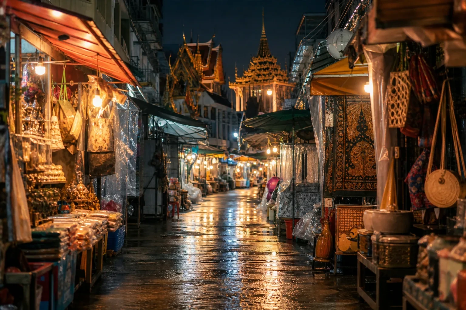 Rucksackreisende erkundet ein günstiges Reiseziel in Asien auf dem Nachtmarkt in Bangkok