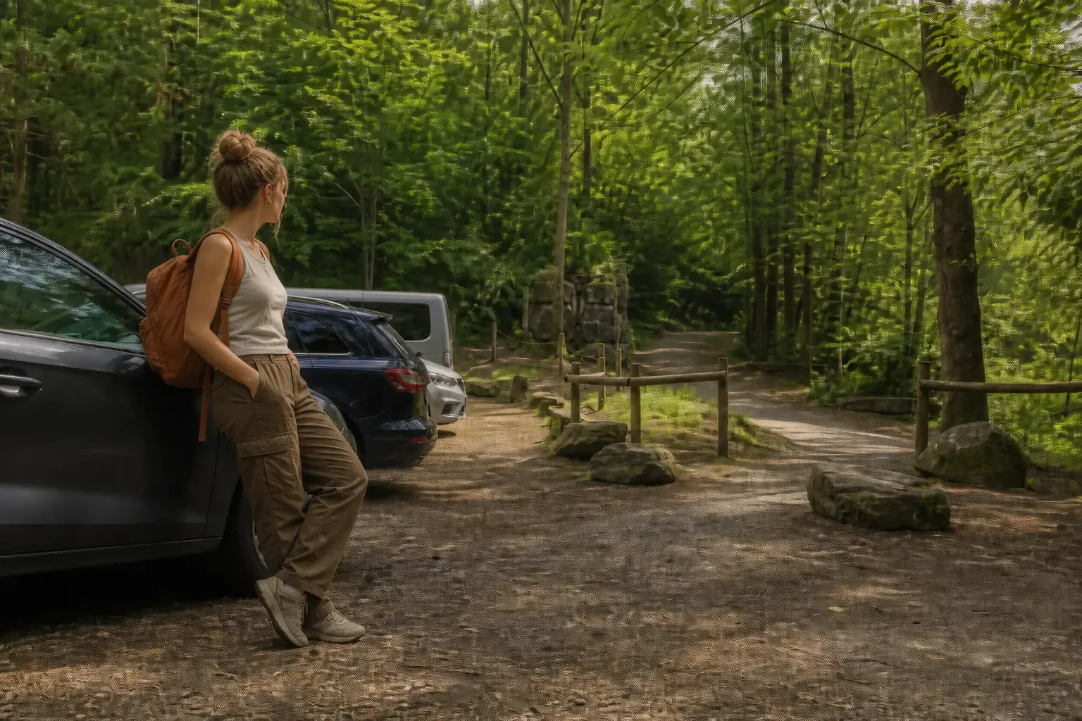 Parkplatz und Waldweg zum Eingang der Externsteine bei Horn-Bad Meinberg
