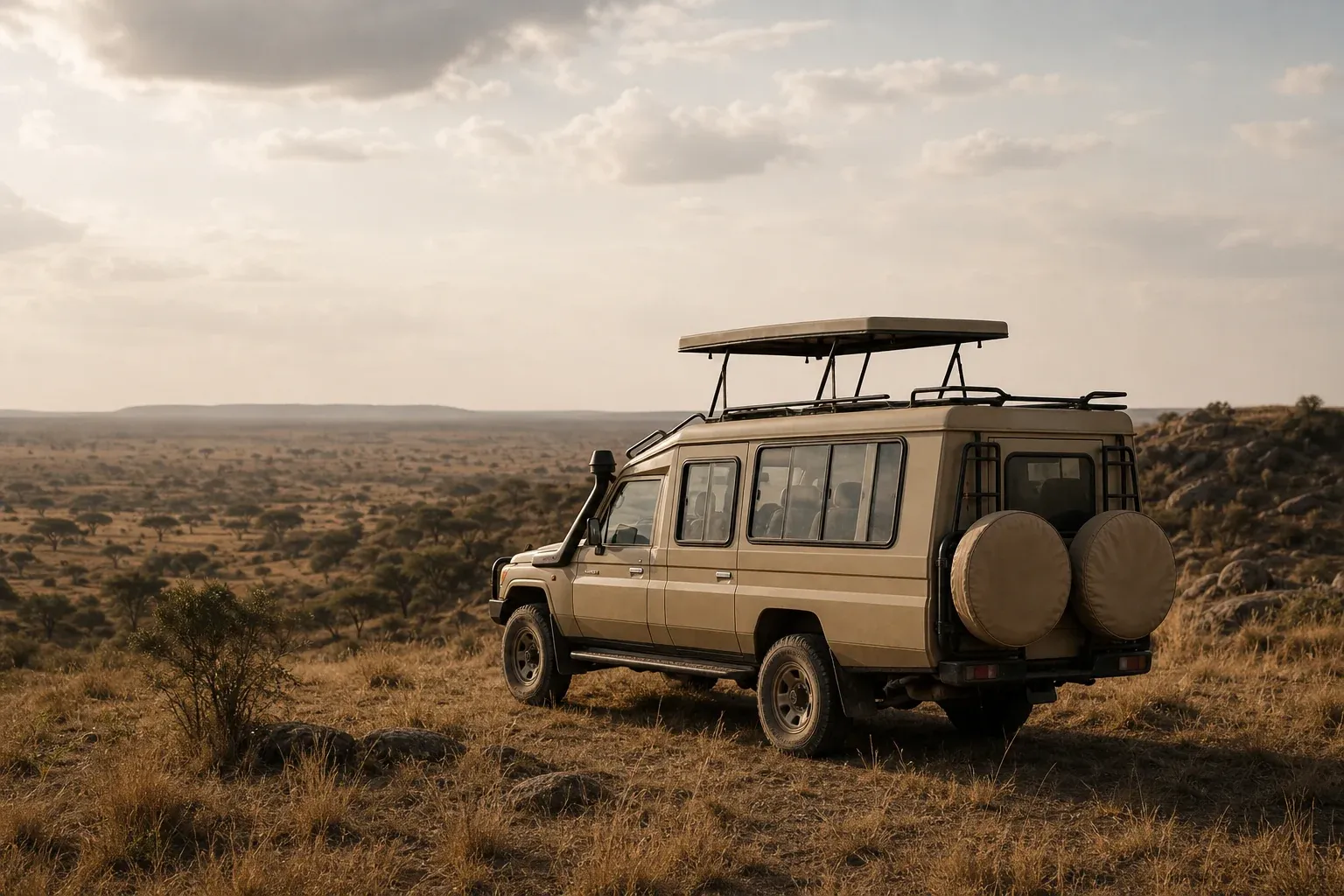 Geländewagen bei einer Kenia Tansania Rundreise in der Savanne der Masai Mara