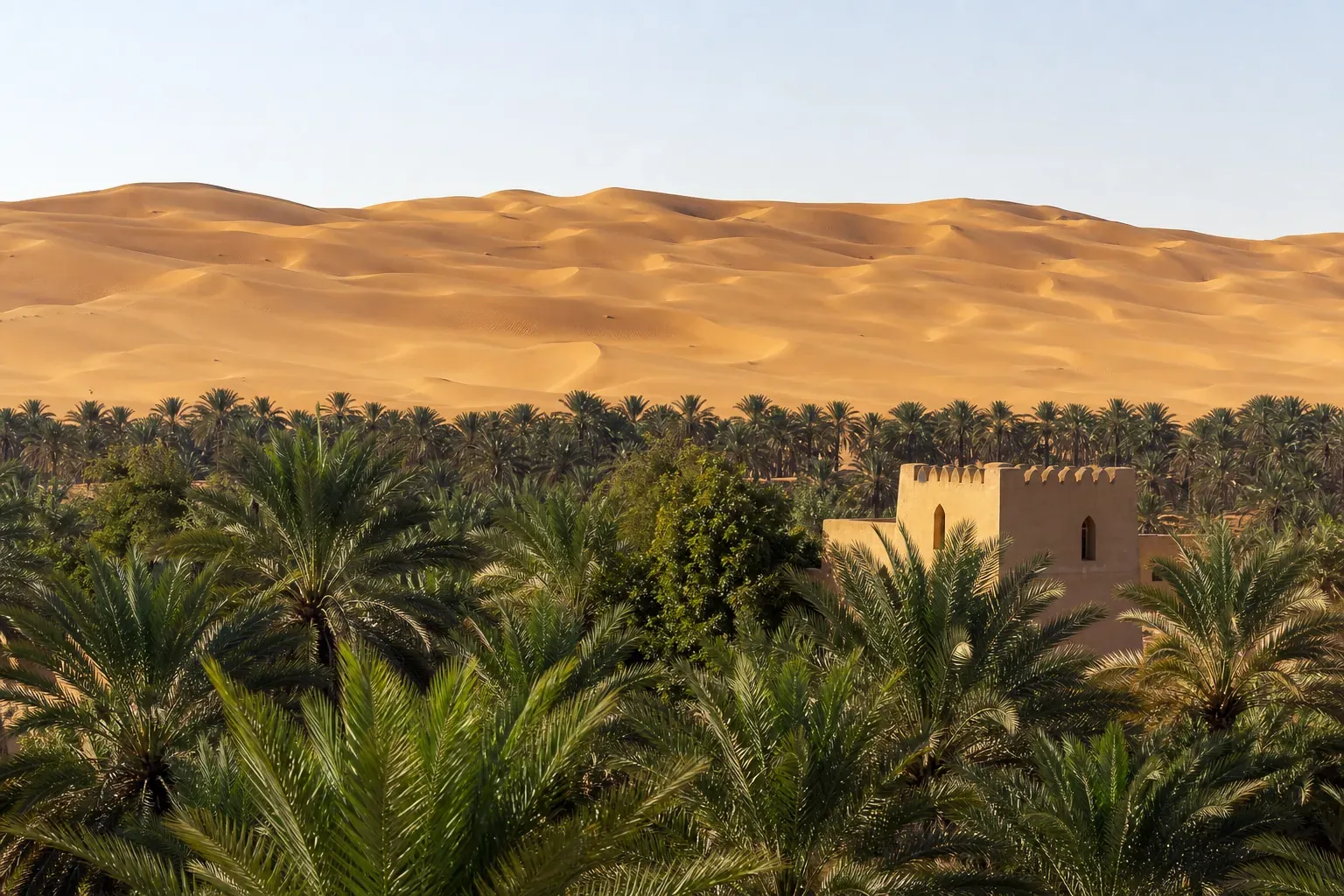Palmenoase mit hohen Sanddünen im Hintergrund bei der Liwa-Oase in Abu Dhabi