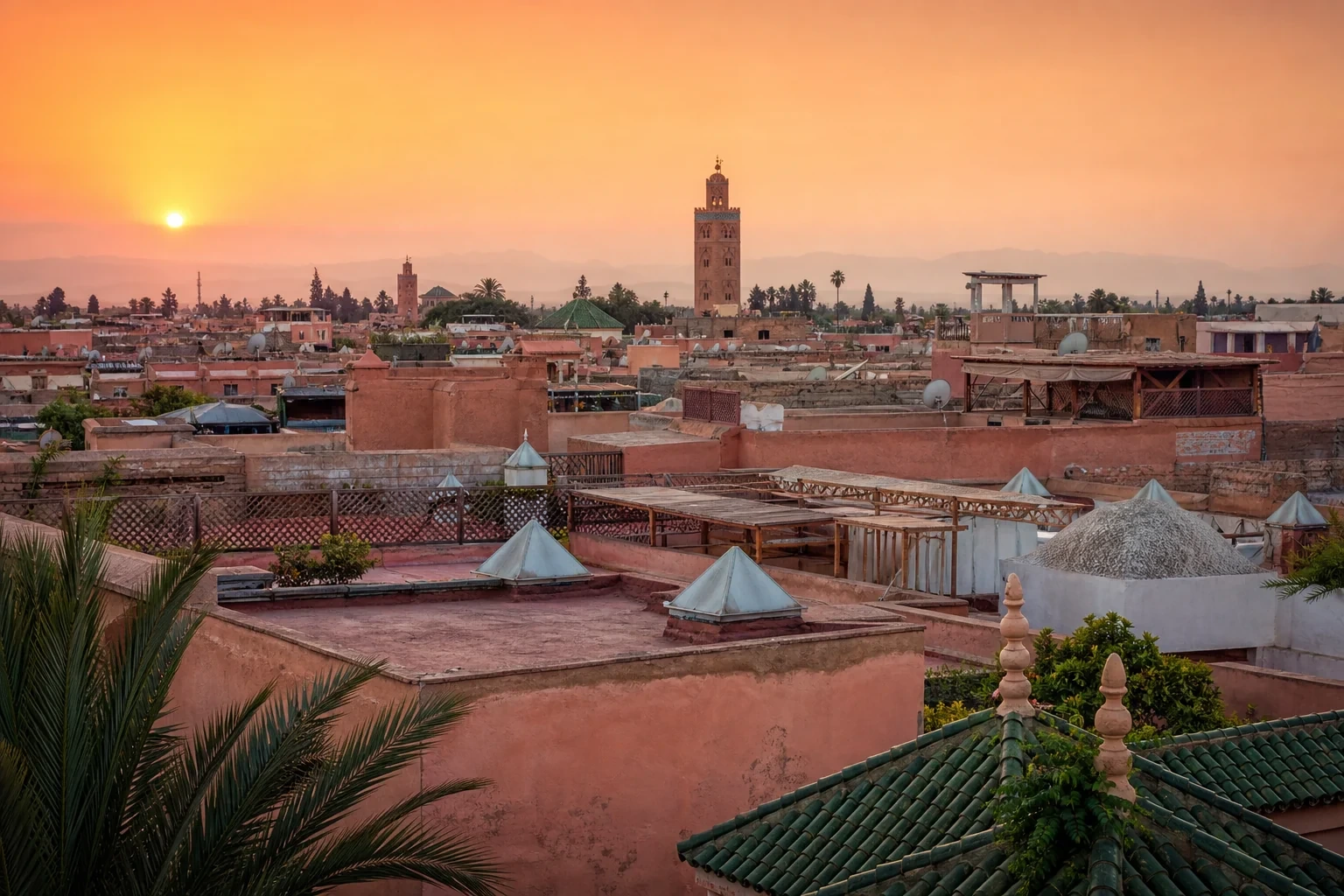 Dächer der Medina von Marrakesch im Sonnenuntergang, ein Highlight für jeden Marrakesch Urlaub