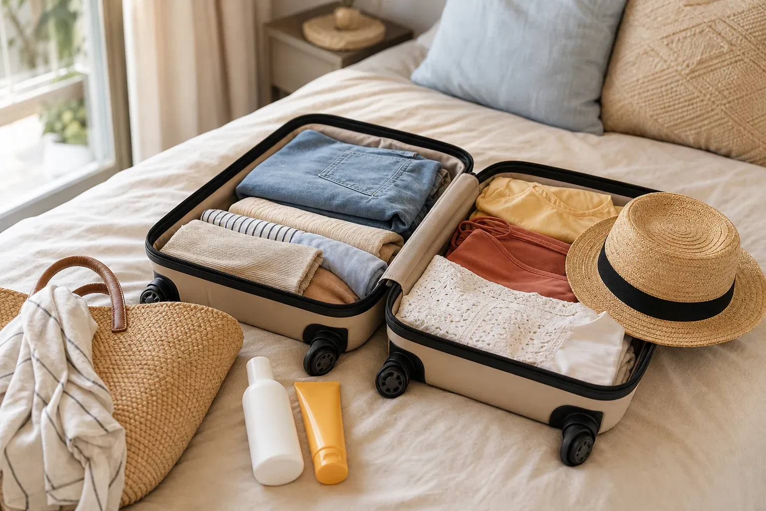 Packliste Strandurlaub: Offener Koffer mit gefalteter Sommerkleidung, Sonnencreme und Strandtasche auf einem Bett