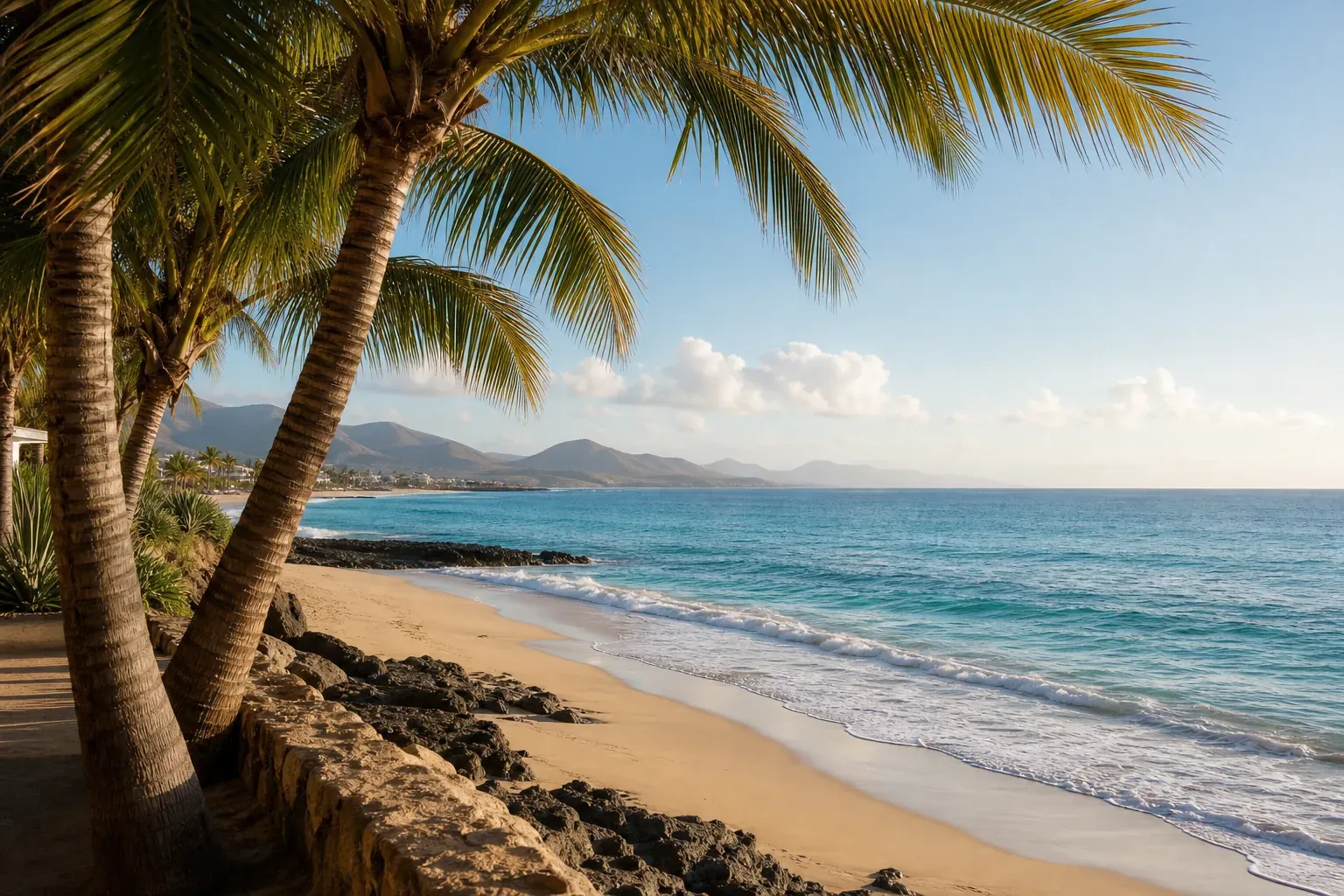 Sonniger Strand mit Palmen und blauem Meer als Antwort auf die Frage, wo es im November warm ist