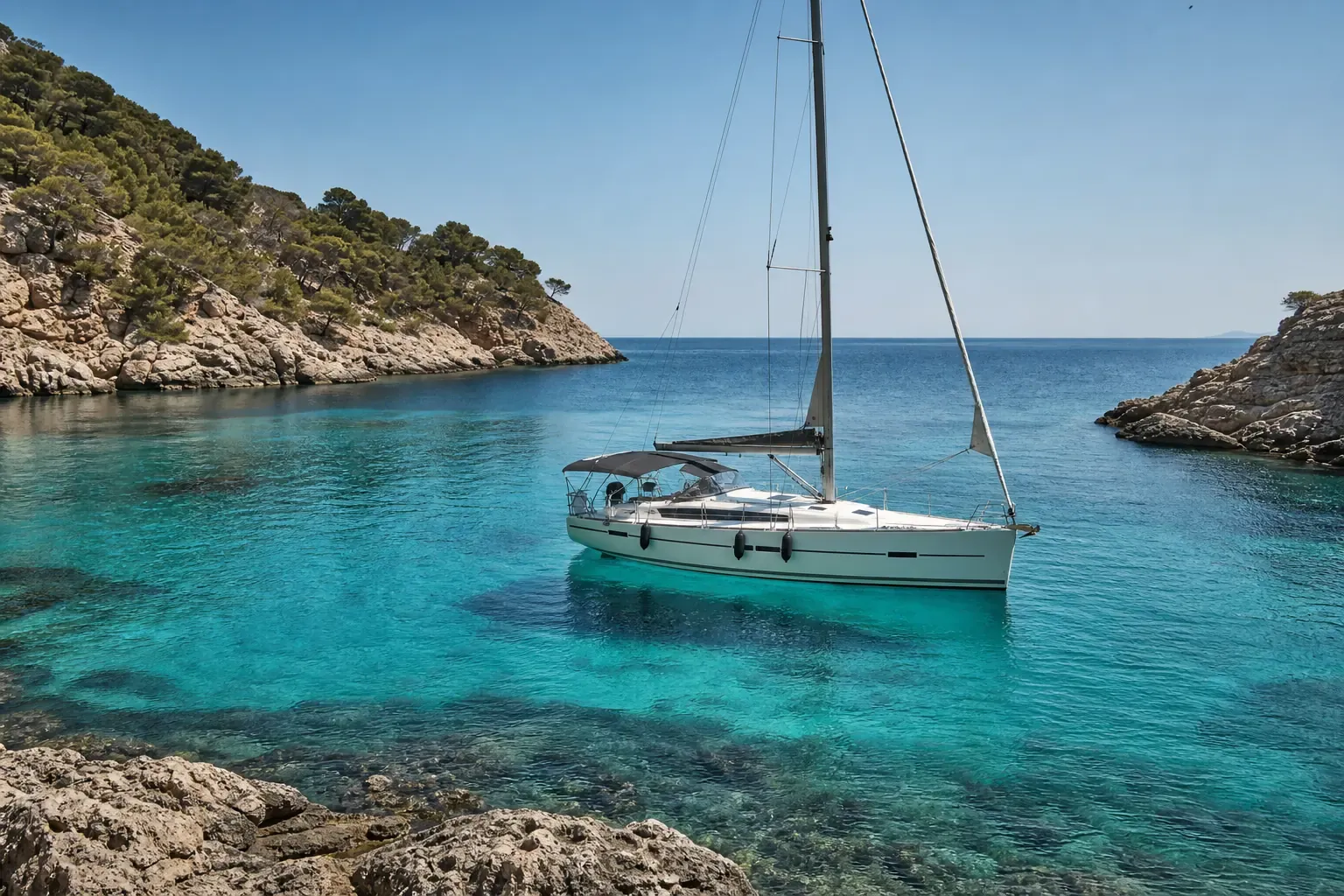 Segelyacht in einer ruhigen Bucht mit türkisfarbenem Wasser im Mittelmeer