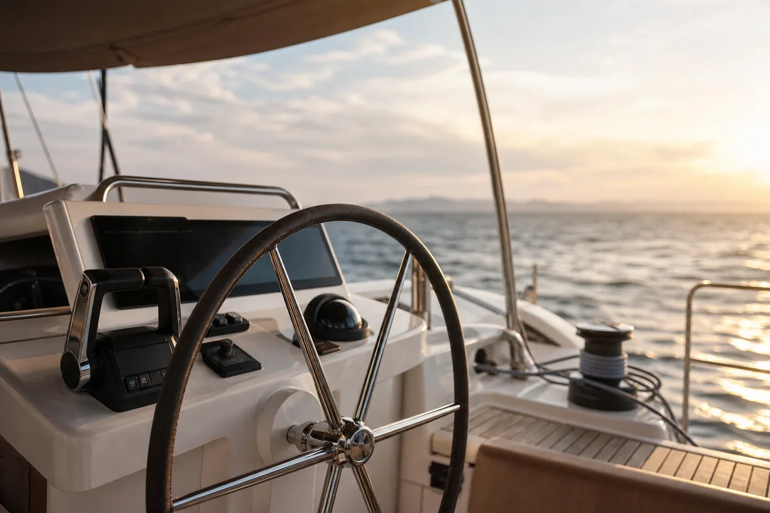 Skipper erklärt Gästen an Deck die Segelmanöver beim Yachturlaub
